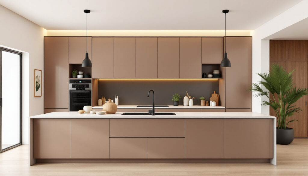 A photograph of a modern kitchen that showcases innovative design elements and materials