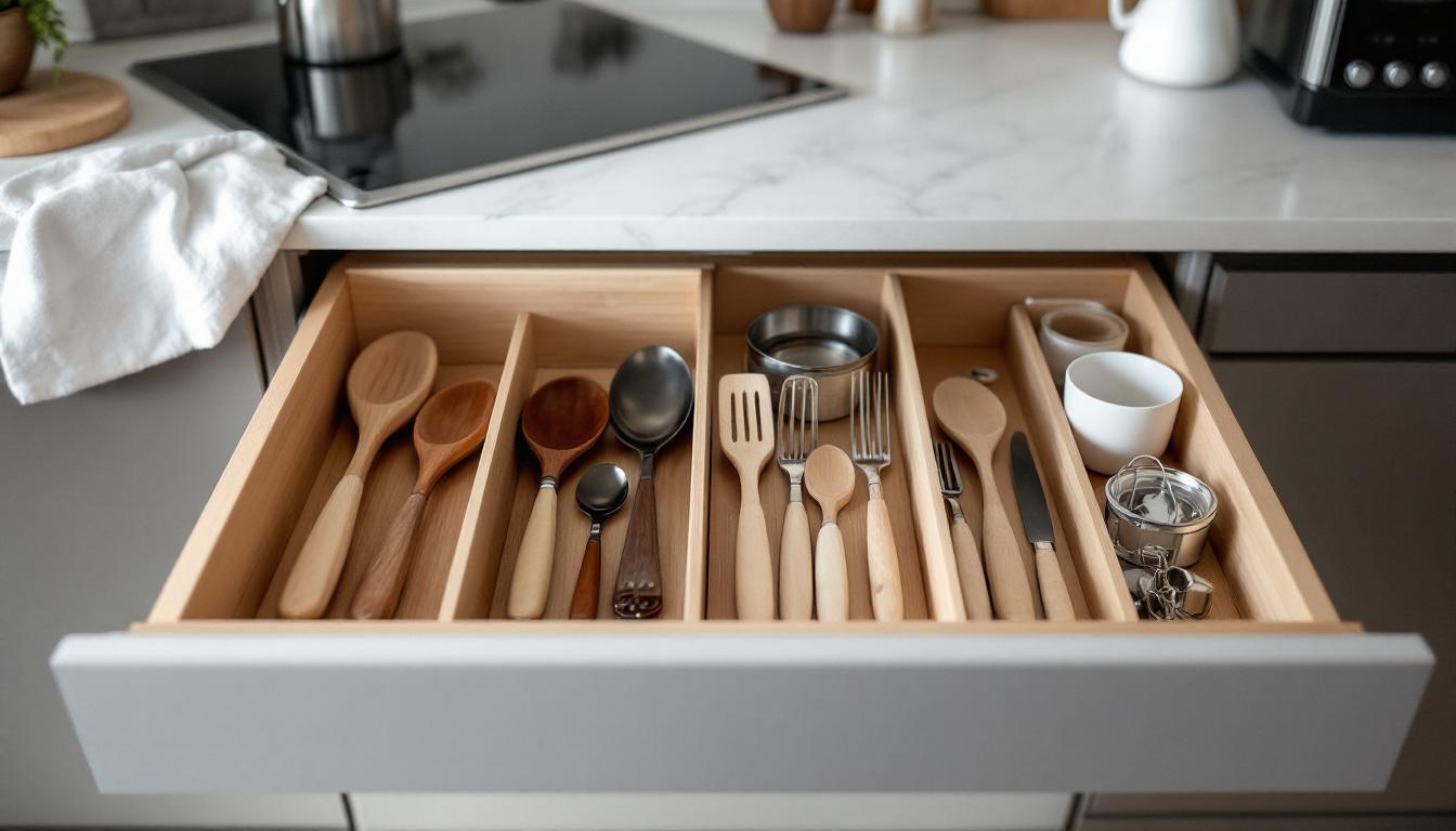 Cajón abierto con organizador de madera para cubiertos y utensilios