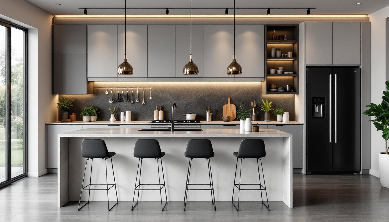 Cocina gris con isla blanca, taburetes negros y frigorífico americano negro