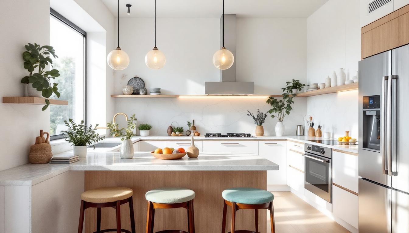 Cocina blanca con isla de madera, taburetes de colores y lámparas de globo