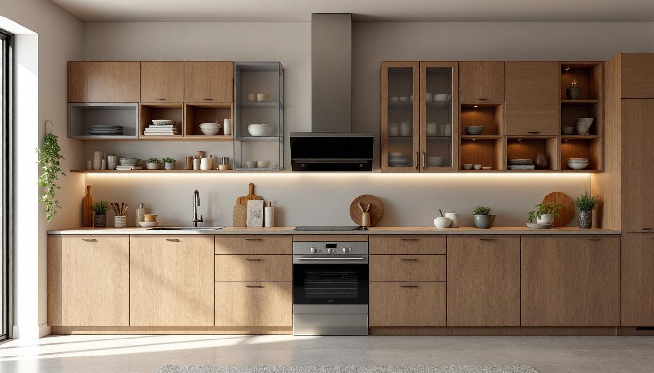 Cocina lineal de madera clara con vitrinas altas y horno bajo la placa
