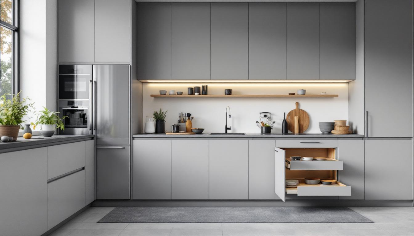 Cocina gris con un cajón interior extraíble abierto bajo la encimera