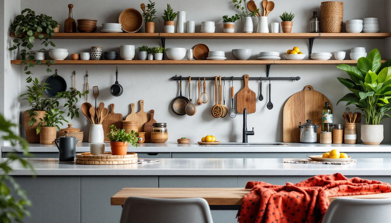 Cocina gris con estantes abiertos de madera, utensilios colgados y plantas