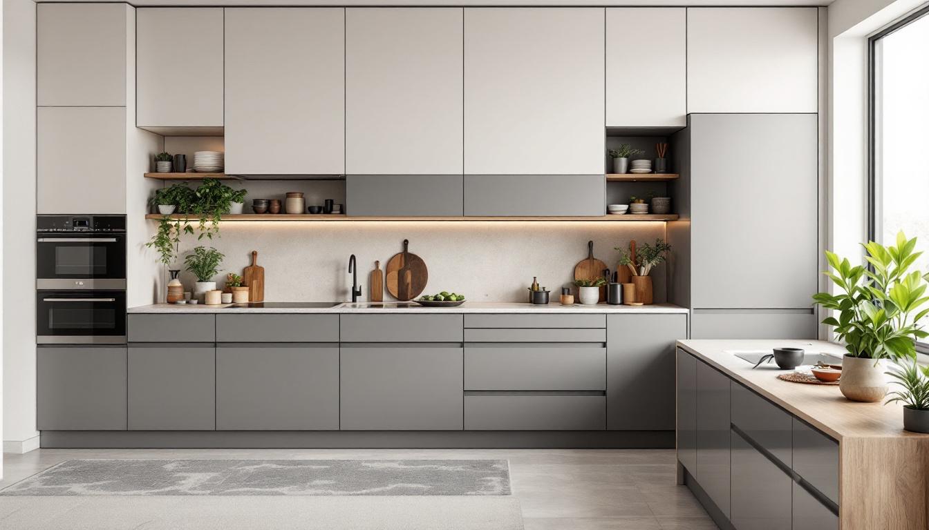 Cocina gris hasta el techo con hornos en columna y estante iluminado