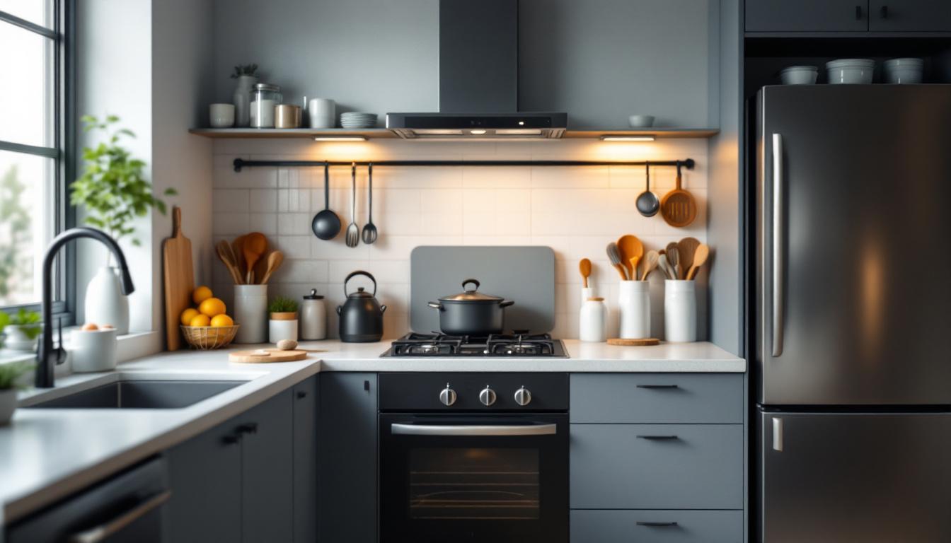 Cocina gris oscura con fregadero, cocina de gas y frigorífico en el mismo frente
