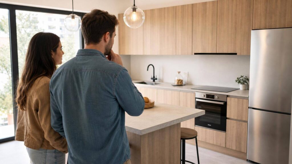 personas mirando electrodomésticos en cocina