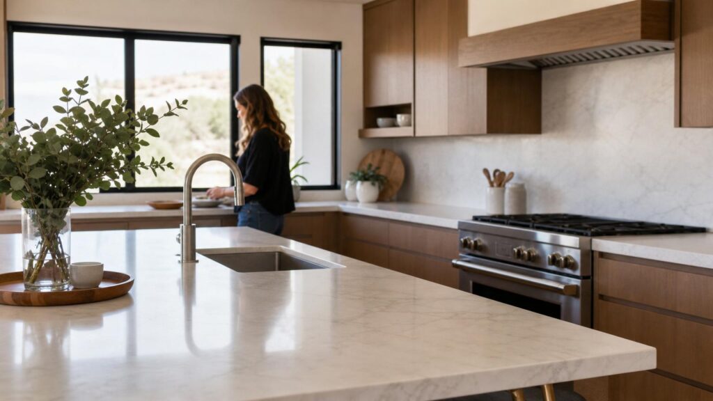 Modern kitchen featuring white marble countertops, a large island with a sink, and warm wood cabinetry under bright natural light.