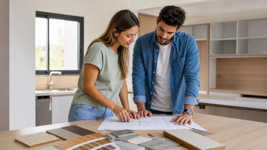 Young couple reviewing architectural blueprints and material samples on a wooden island in a bright, modern kitchen under construction.