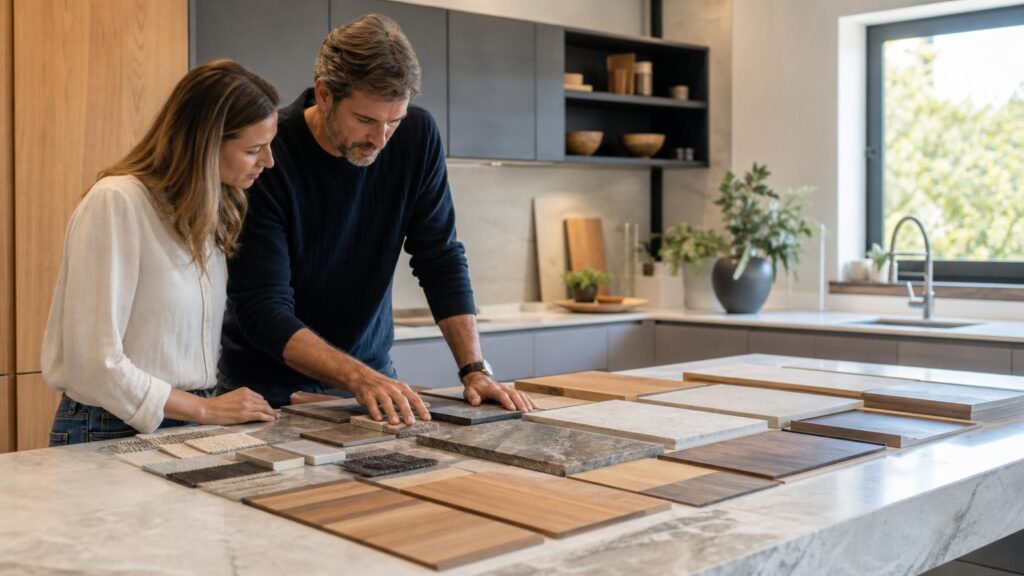 Couple examining wood, stone, and tile material samples on a marble island in a modern kitchen with gray and wood cabinetry.