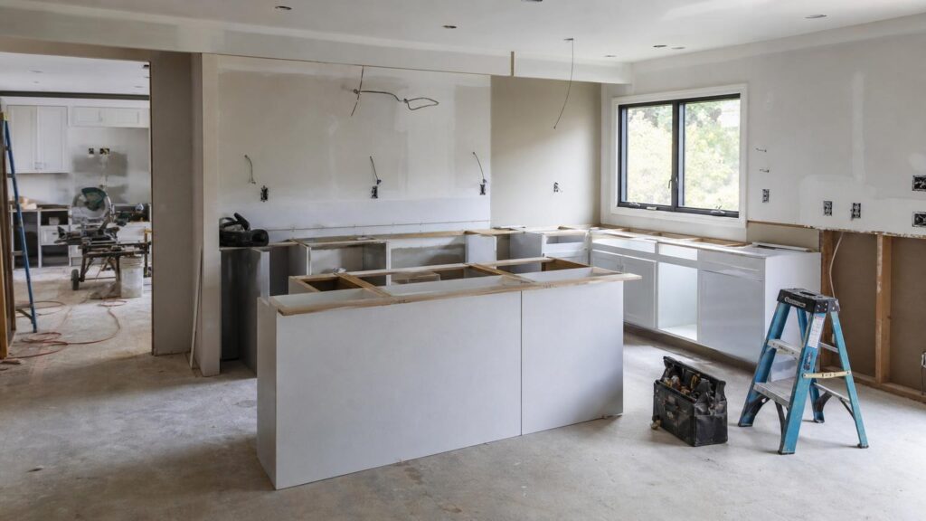 Kitchen under renovation with white cabinets being installed, exposed wiring, a blue step ladder, and a tool bag on a dusty floor.