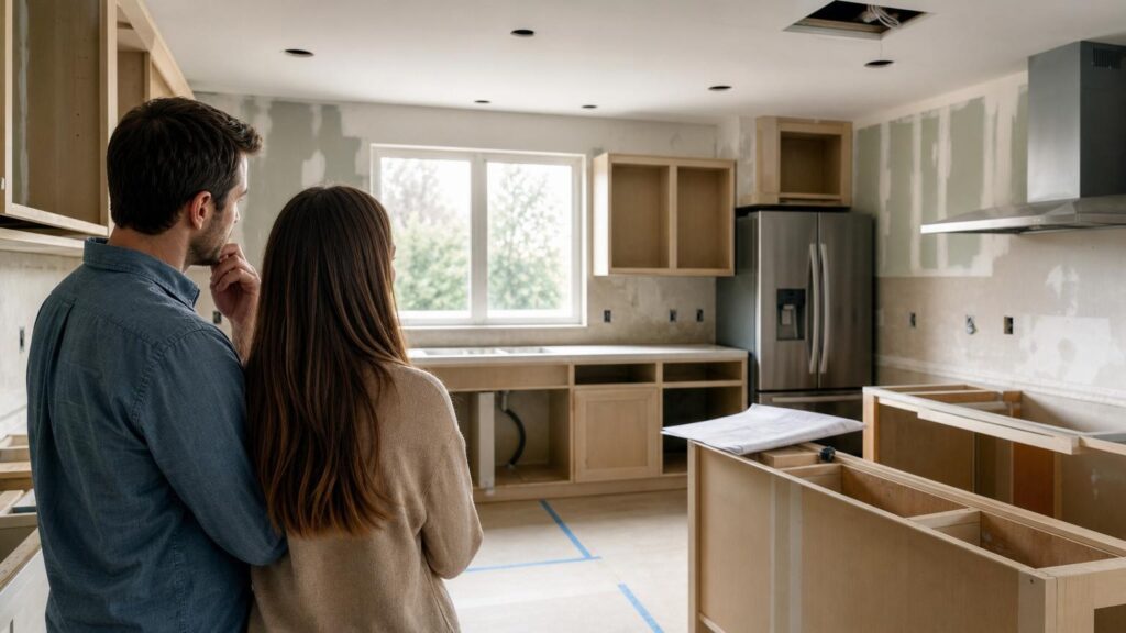 Couple from behind looking at an unfinished kitchen renovation with wooden cabinet frames, stainless steel appliances, and blueprints on an island.