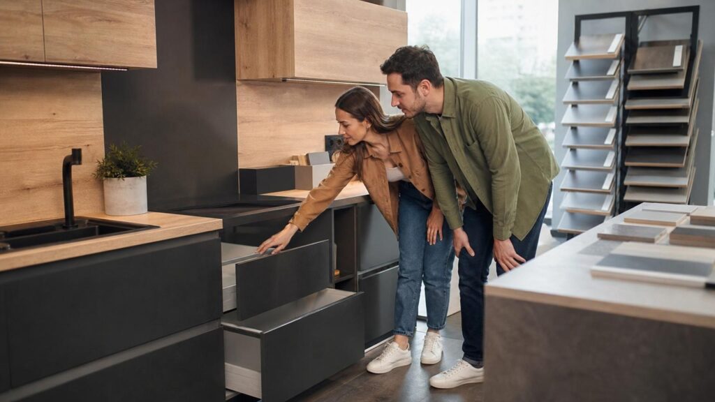 Couple in a showroom examining the drawers of a modern kitchen display featuring matte black cabinets and light wood accents.