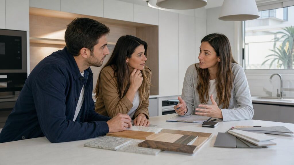 Couple sitting at a kitchen island discussing material samples with a professional designer in a bright, modern white kitchen.