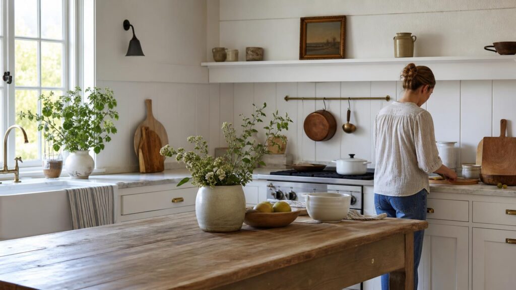 Woman cooking in a bright farmhouse kitchen with white shiplap walls, marble counters, a rustic wooden table, and copper cookware.